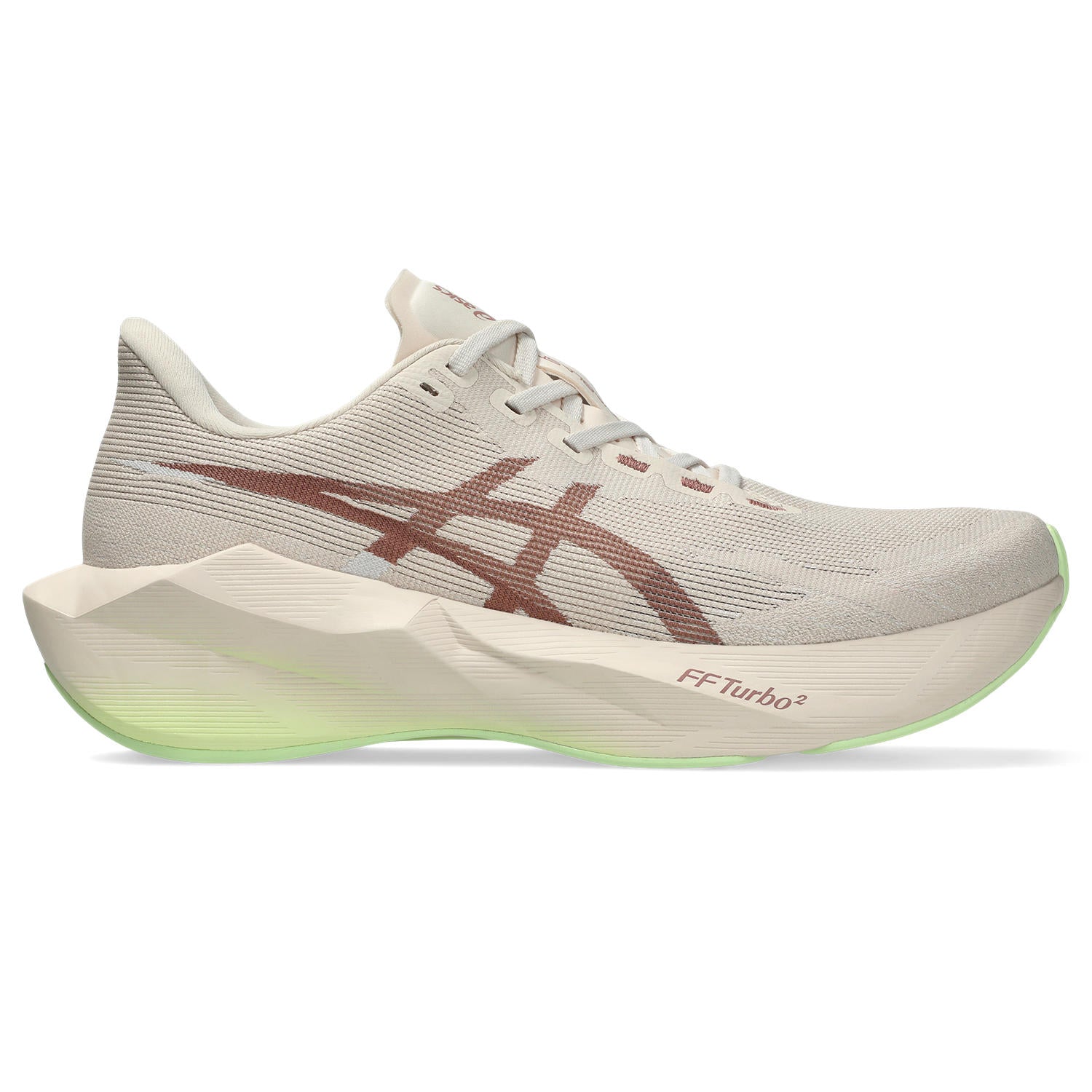 White running shoe with brown logo on a white background