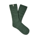 A pair of dark green ribbed knit crew socks with a small white brand tag near the cuff, displayed on a clean white background.