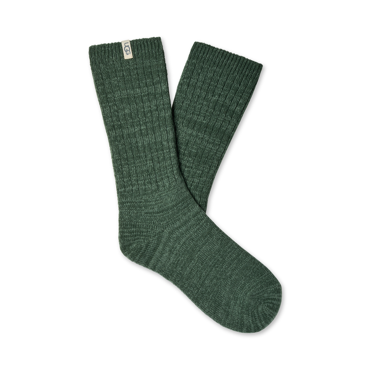 A pair of dark green ribbed knit crew socks with a small white brand tag near the cuff, displayed on a clean white background.