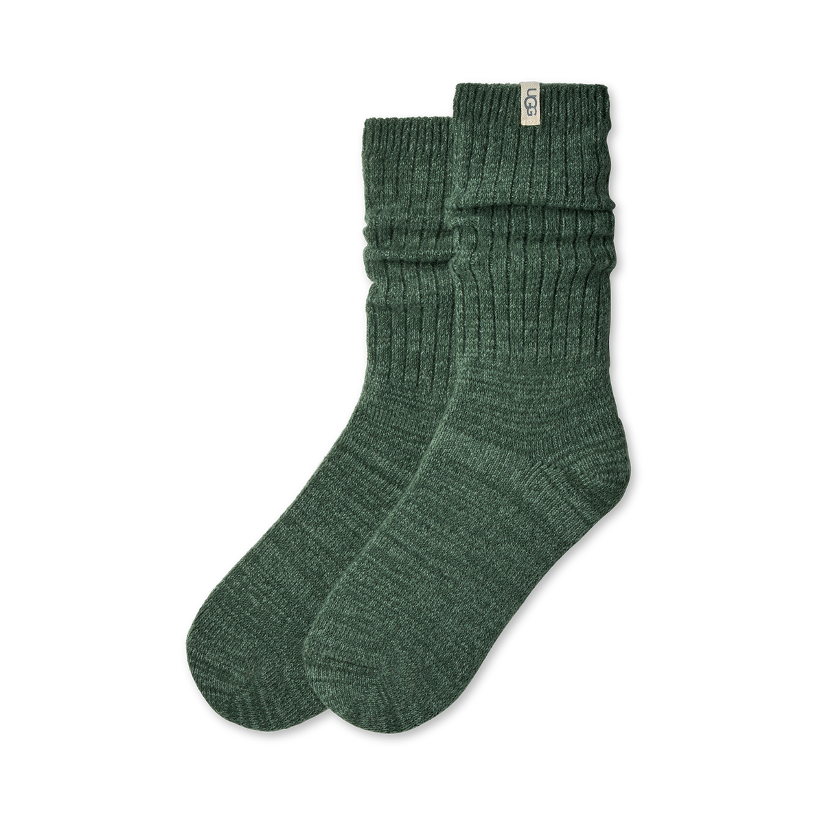A pair of dark green ribbed knit crew socks with a small white brand tag on the cuff, displayed against a clean white background.