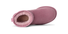 A single dusty pink suede ankle boot with a plush pink shearling lining, shown from a side profile view on a white background.