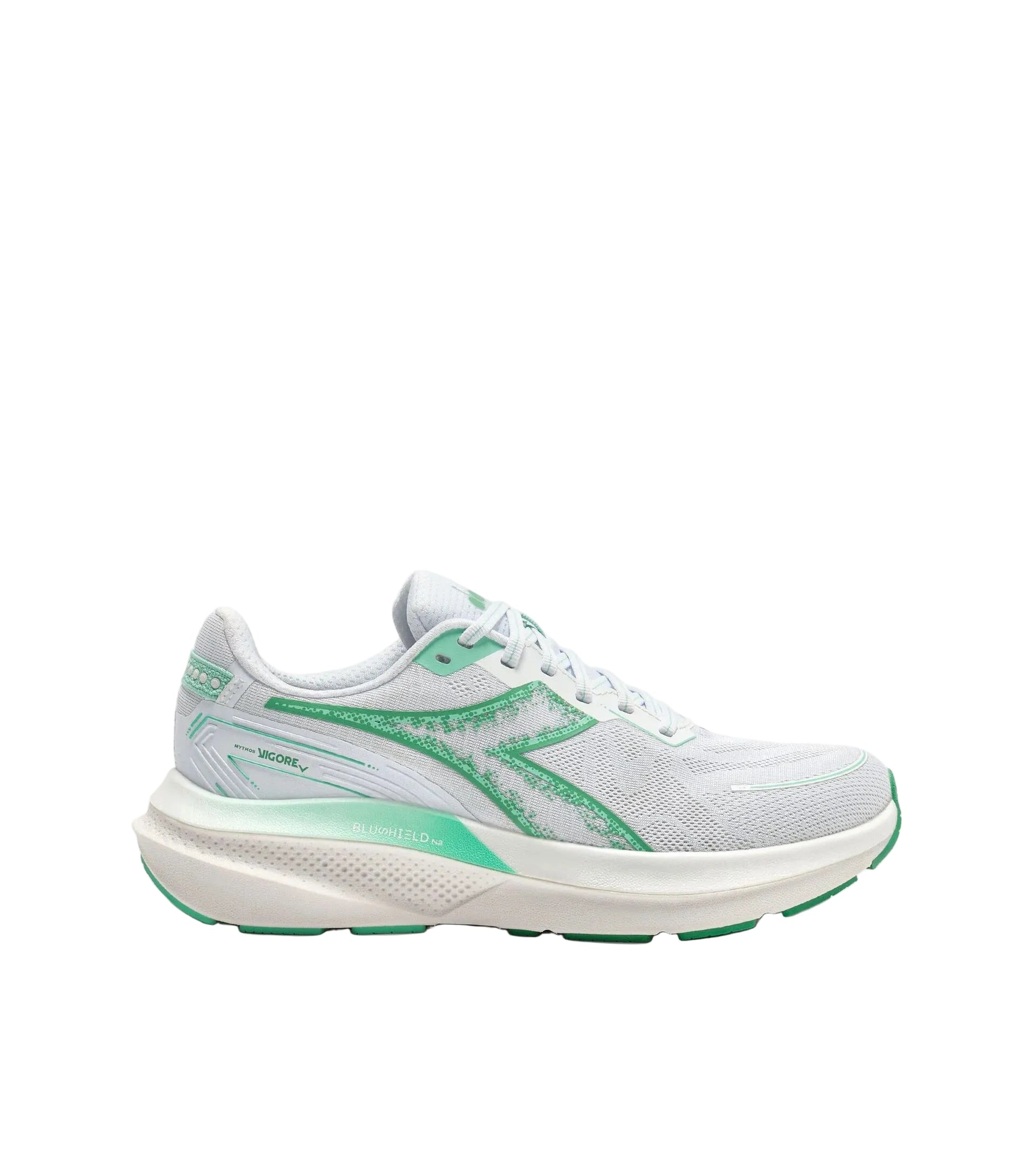 White and green running shoe on a white background