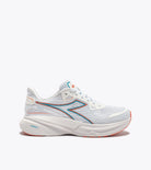 White running shoe with blue and orange accents on a white background