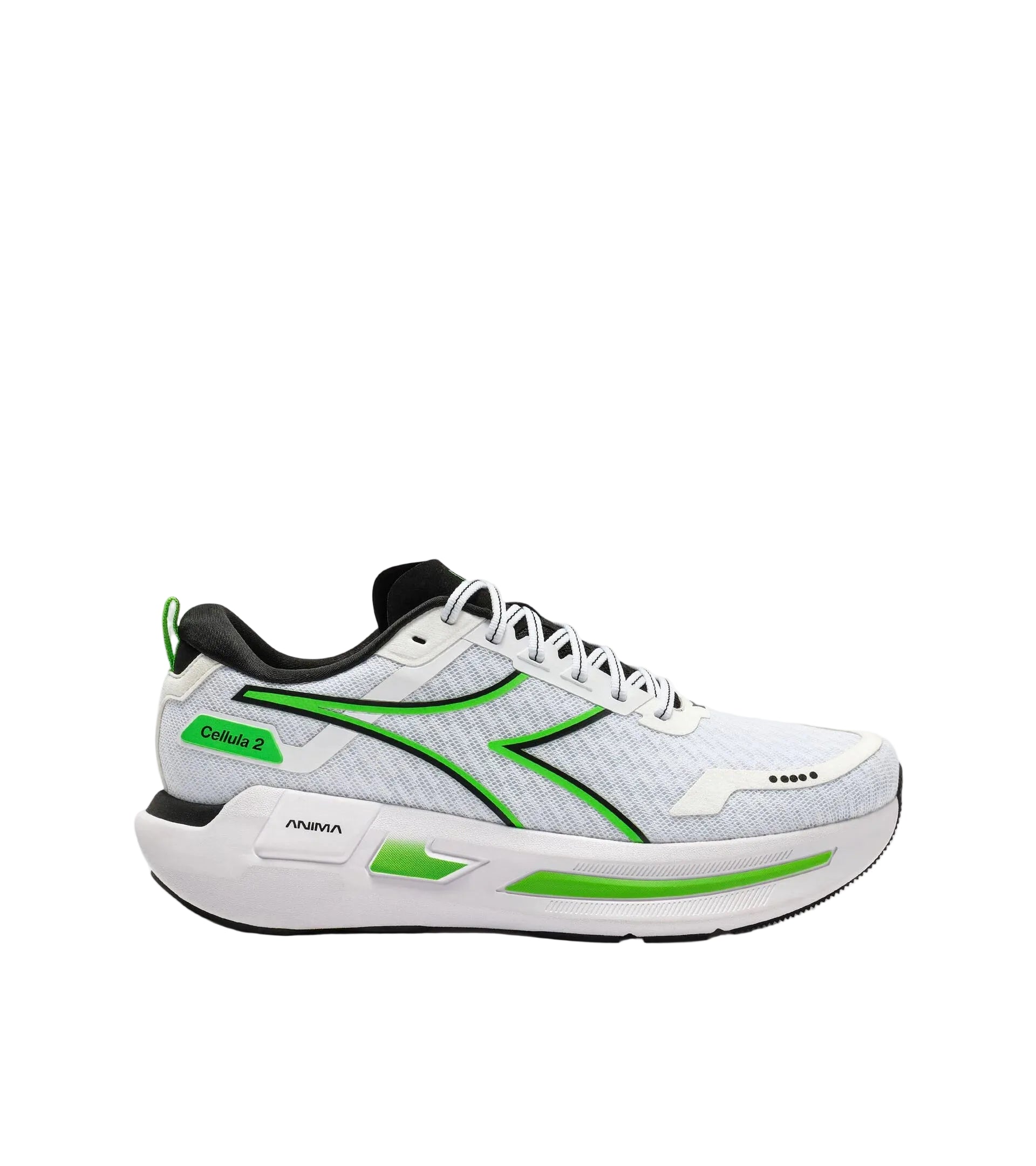 White running shoe with green accents on a white background