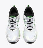 White sneakers with black and green accents on a white background
