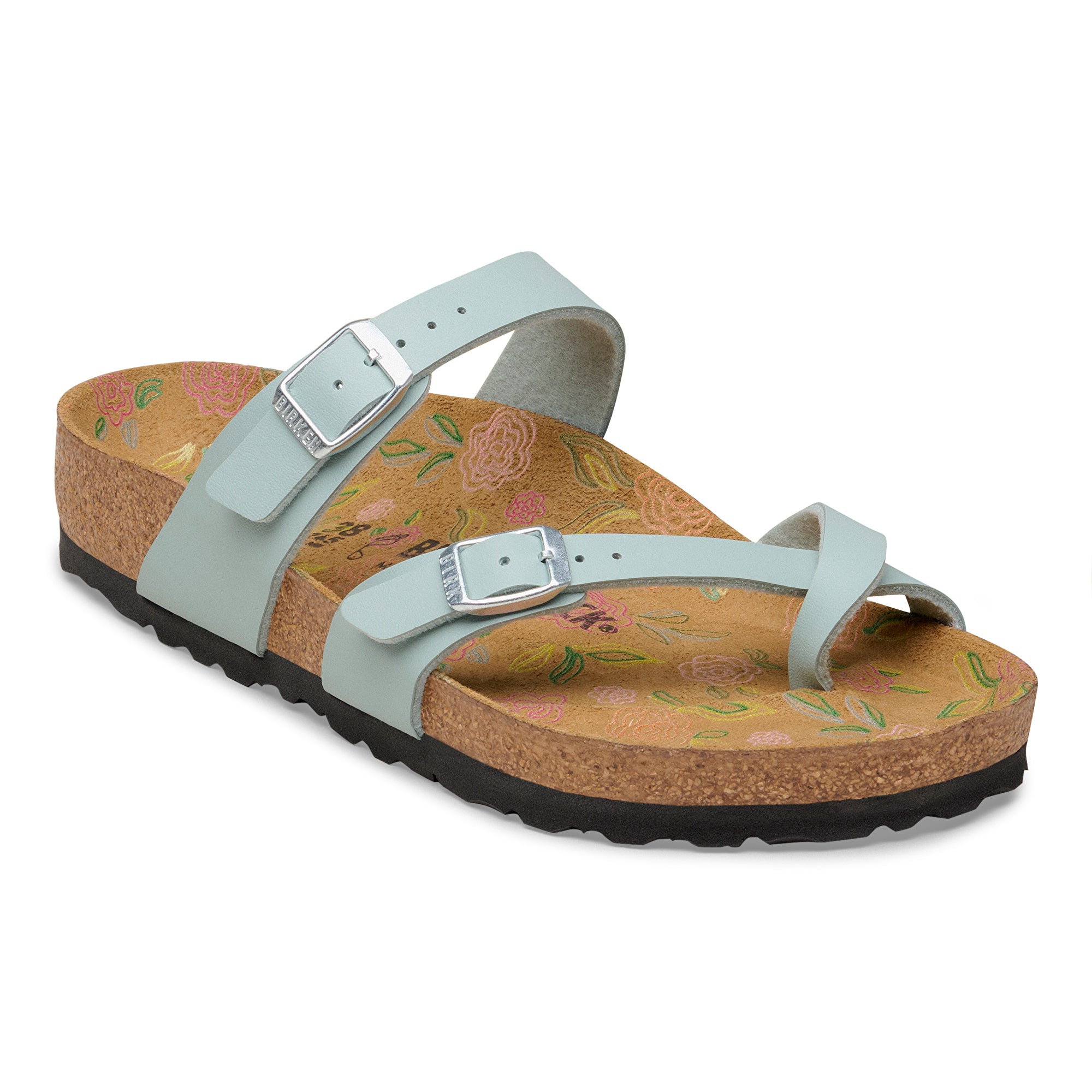 Light blue sandal with floral pattern on a white background