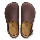 Pair of brown sandals with visible brand logo on a white background