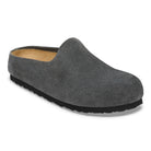 Gray slip-on shoe with a black sole on a white background