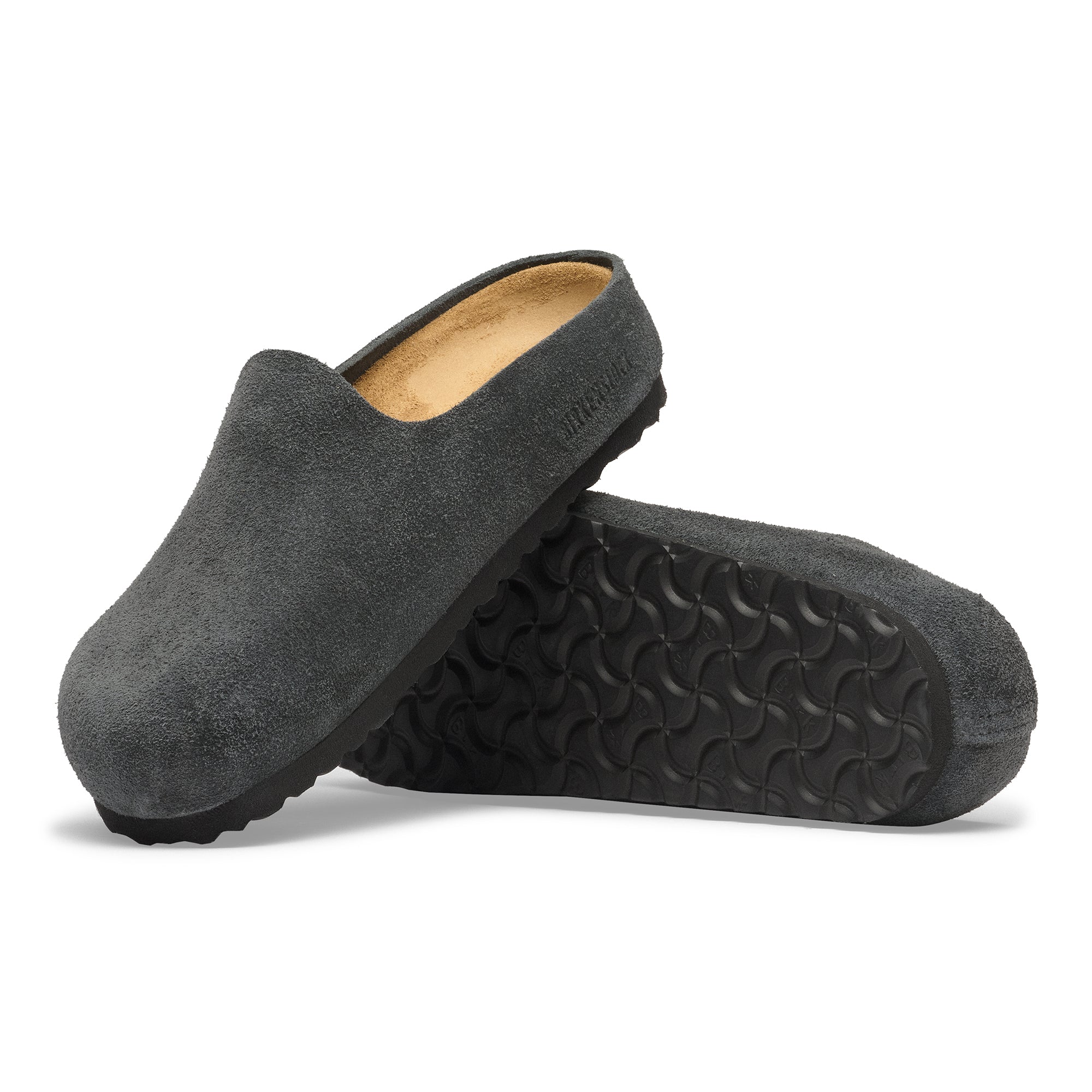 Gray slippers with textured sole on a white background