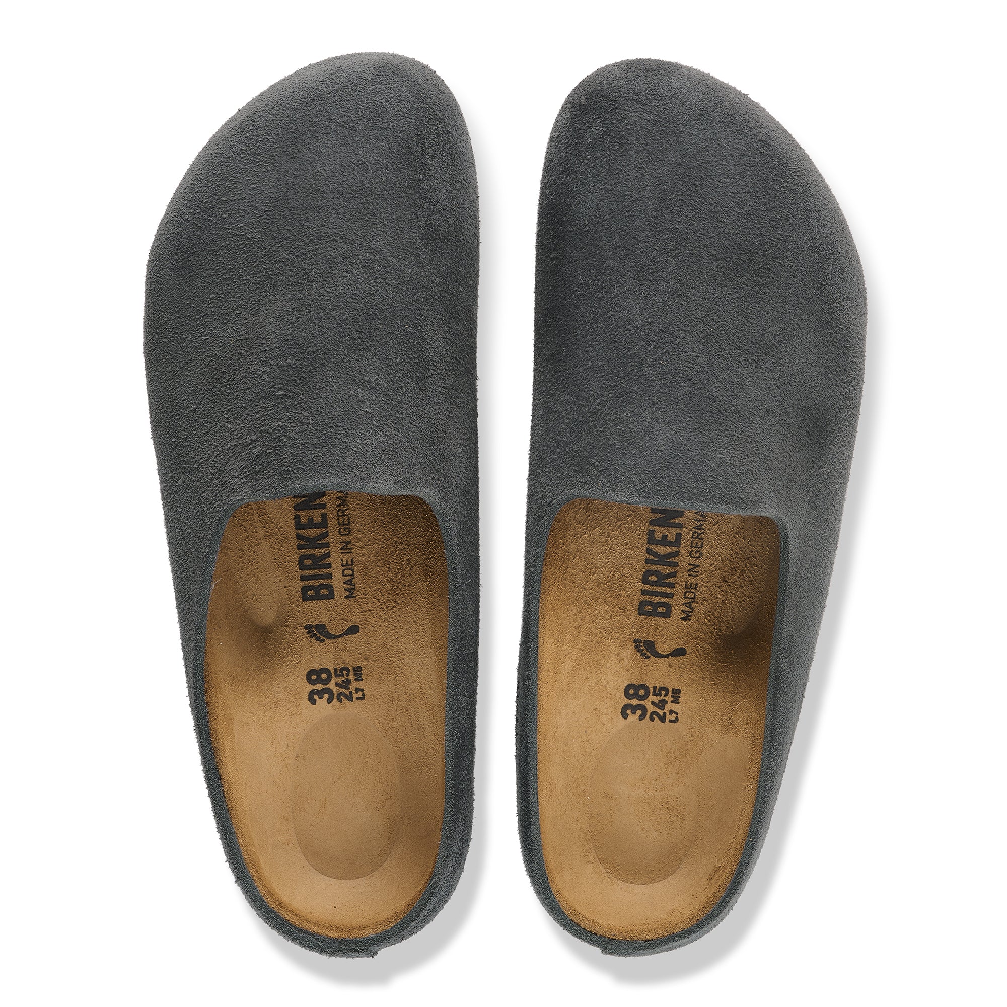 Pair of gray slippers with brown soles on a white background
