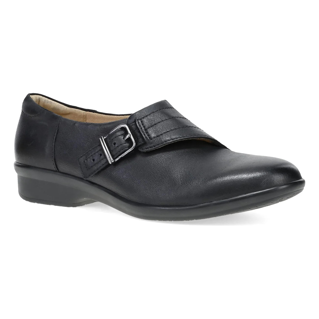 A black leather slip-on shoe with a decorative strap and silver buckle, shown from a side profile on a white background.