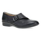 A black leather slip-on shoe with a decorative strap and silver buckle, shown from a side profile on a white background.