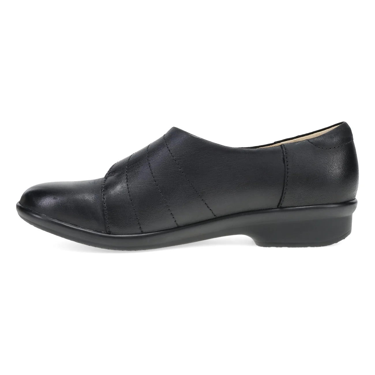 Black flat shoe with gold buckle on a white background