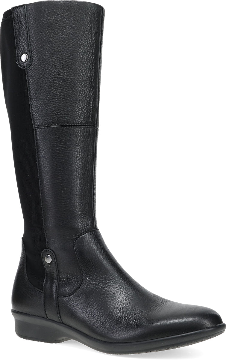 A single black leather knee-high boot with a pebbled texture, a low wedge heel, and silver-tone metal snap details, shown against a plain white background.