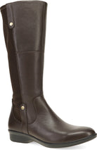 A dark brown knee-high leather boot with a low block heel and gold-tone metal snap buttons, shown against a plain white background.