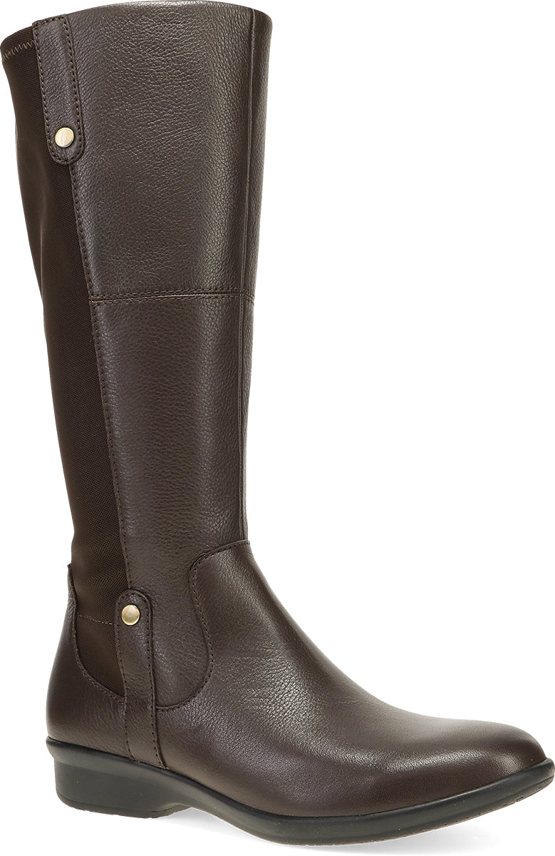 A dark brown knee-high leather boot with a low block heel and gold-tone metal snap buttons, shown against a plain white background.