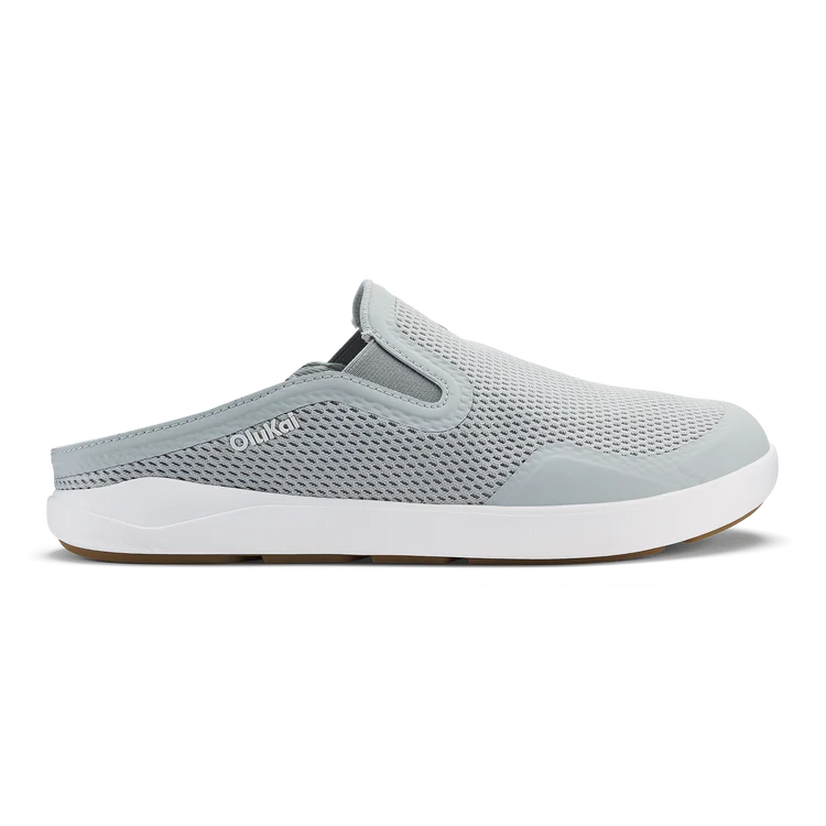 Gray slip-on shoe with white sole on a white background