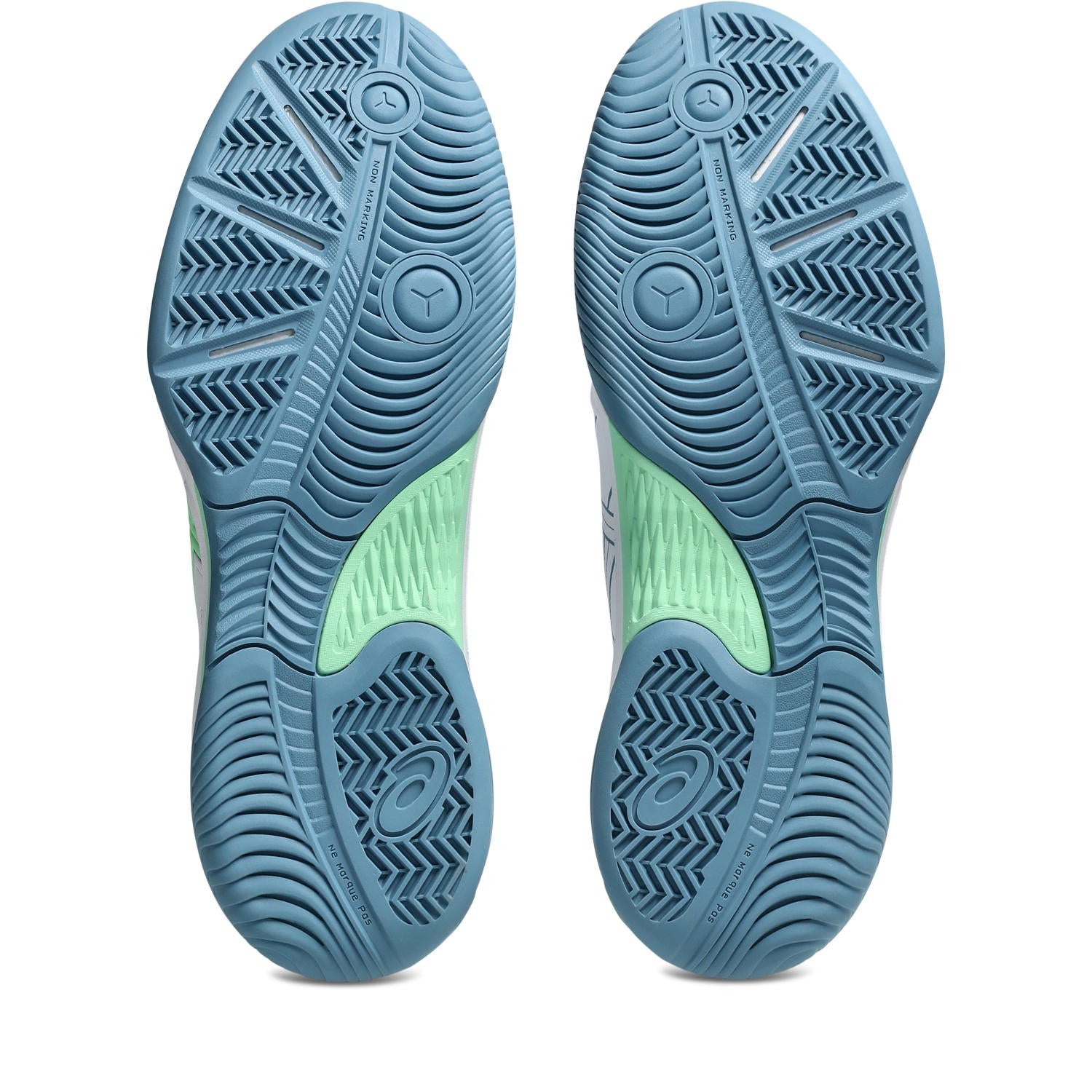 Blue and green athletic shoe sole on a white background