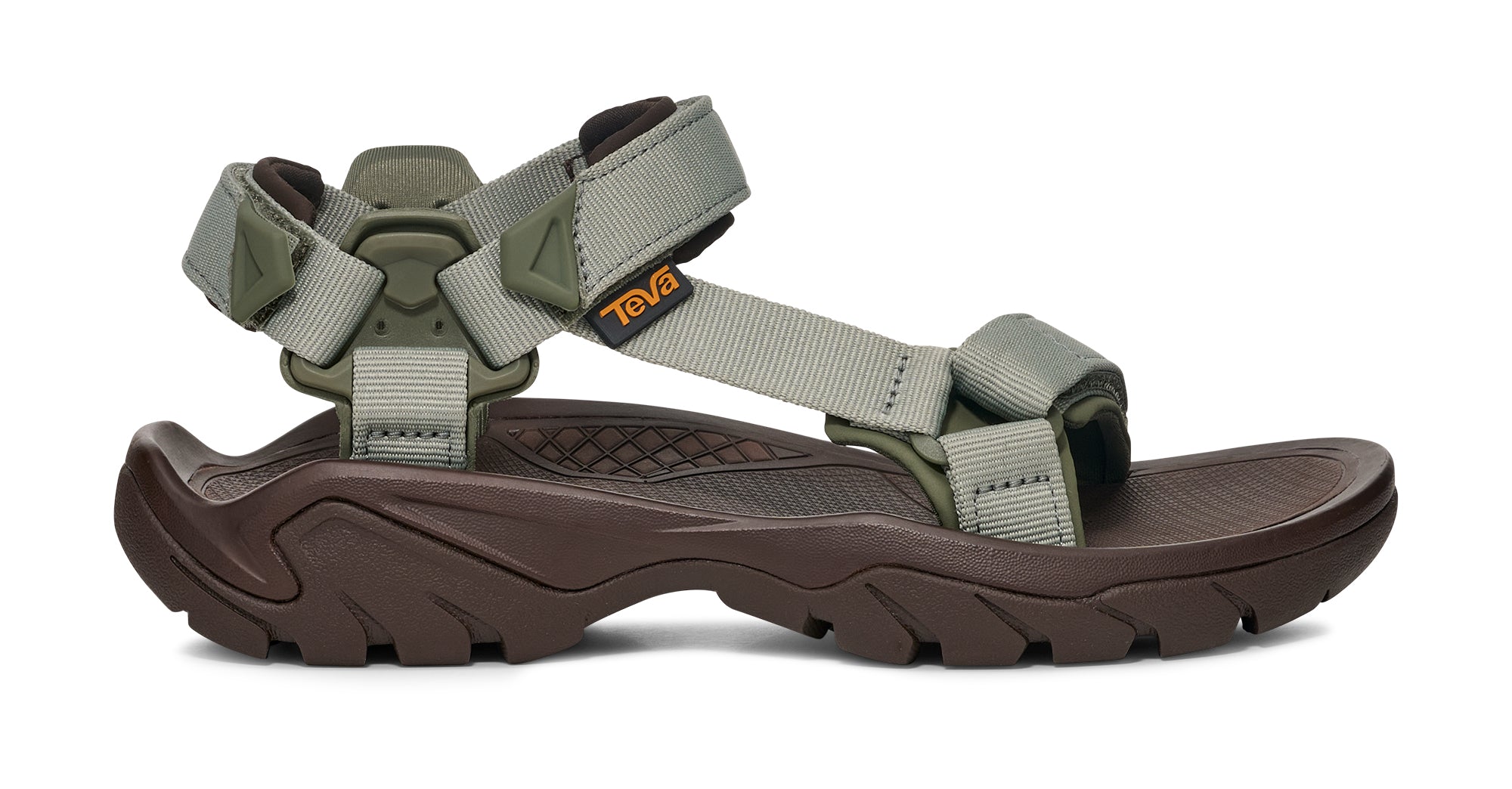 Green and brown sandal with multiple straps on a white background