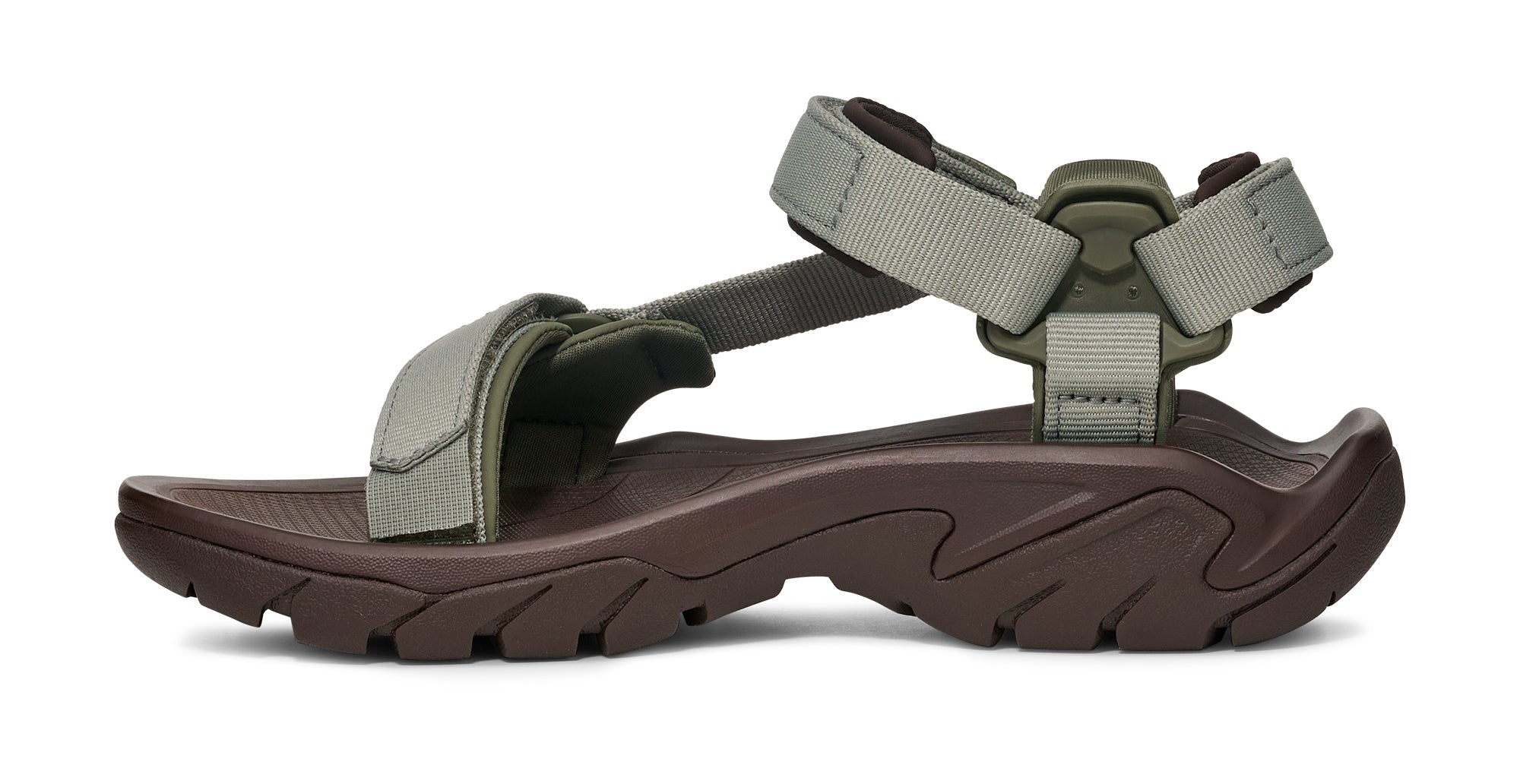 Green and brown sandal on a white background