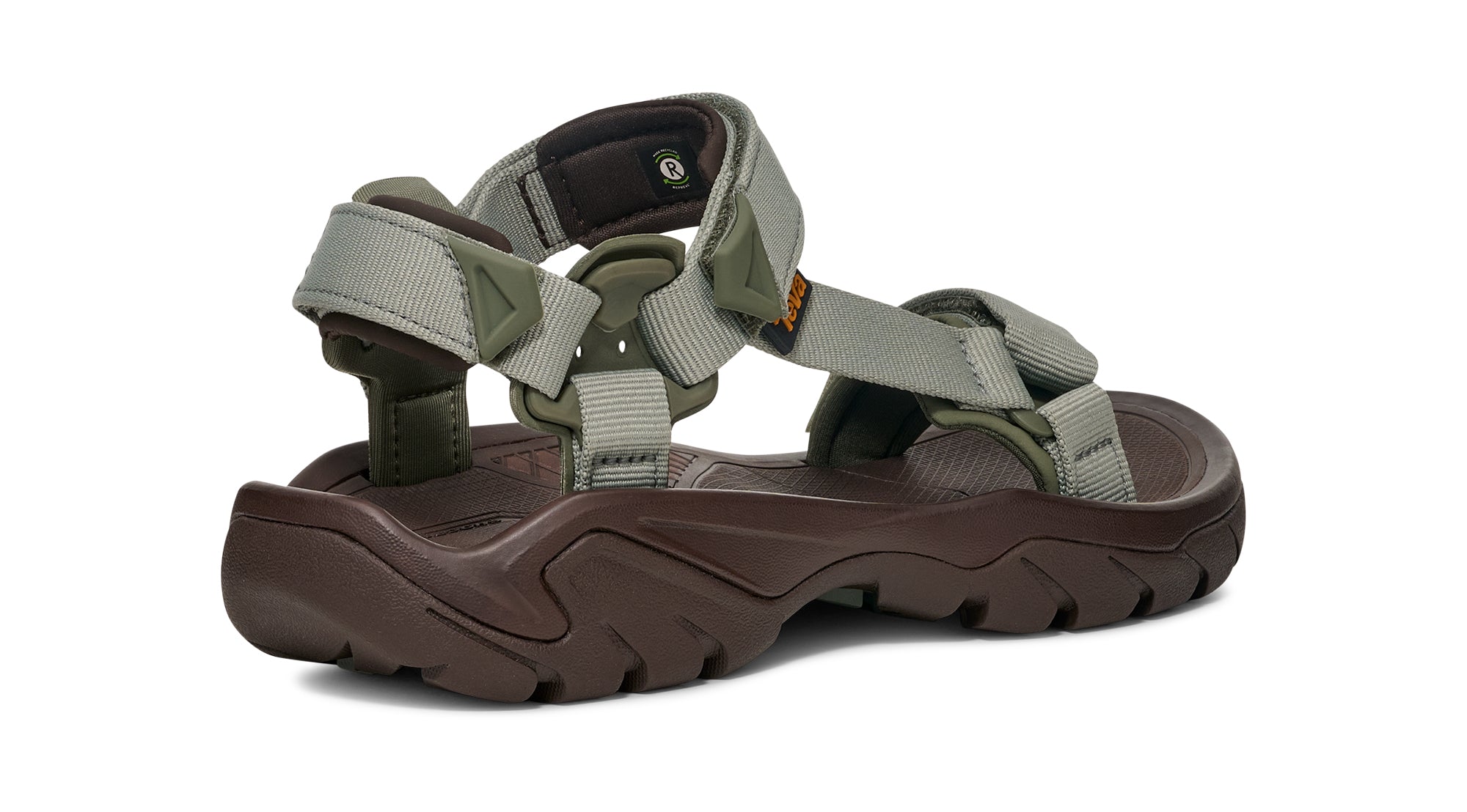 Green and brown sandal on a white background