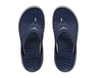Pair of navy blue sandals with a white logo on a white background