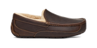 A dark brown leather slip-on driving loafer with a cream-colored shearling lining, shown from a side profile view against a white background.