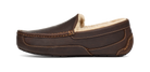 A dark brown leather slip-on loafer with a soft cream-colored shearling lining, shown from a side profile view against a white background.
