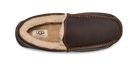 A single UGG slip-on slipper shown from a top-down view, featuring dark brown textured leather on the exterior and a soft cream-colored shearling lining on the interior.