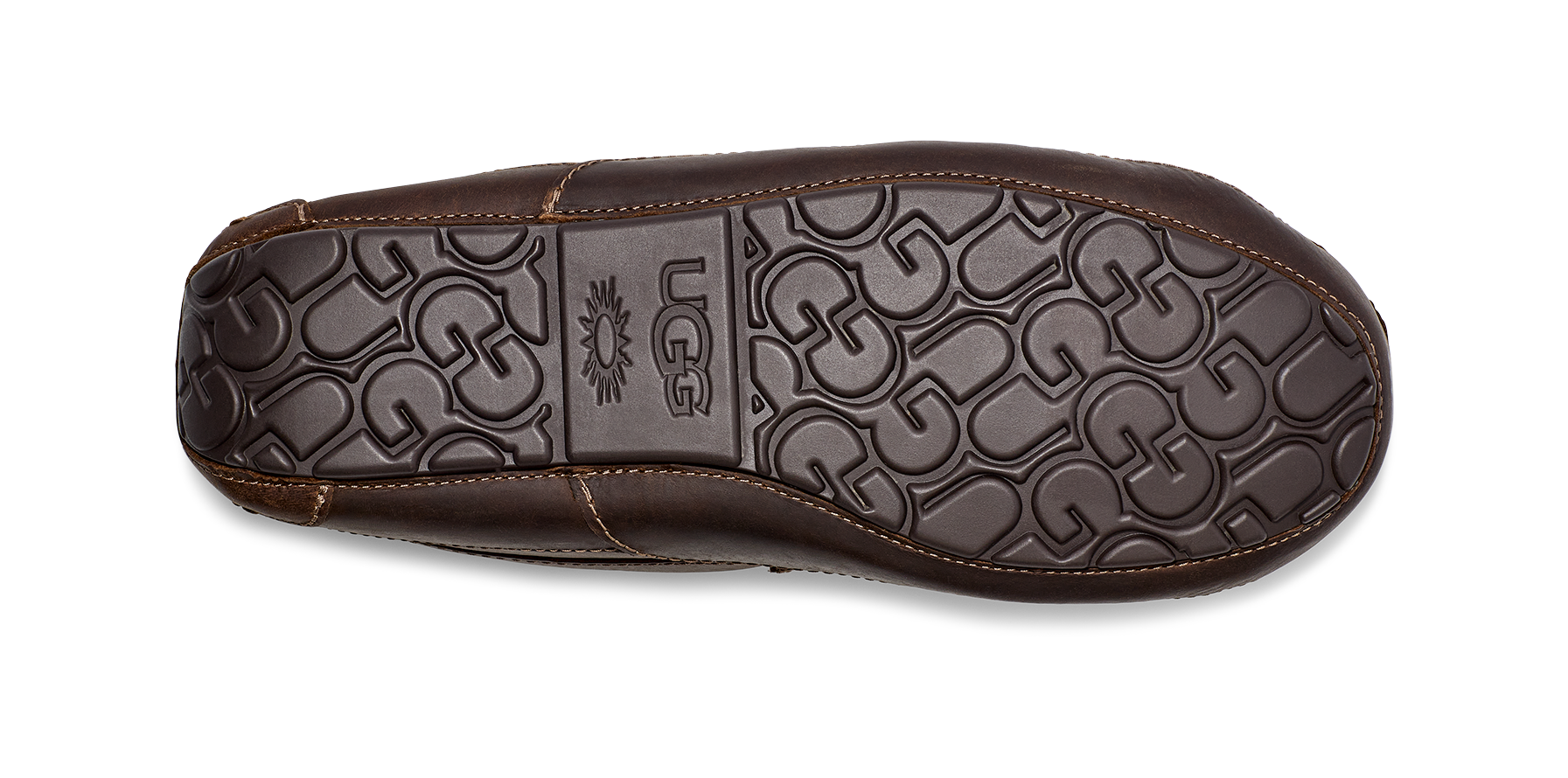 The outsole of a brown leather shoe, featuring a textured pattern and a central embossed UGG logo, shown on a white background.