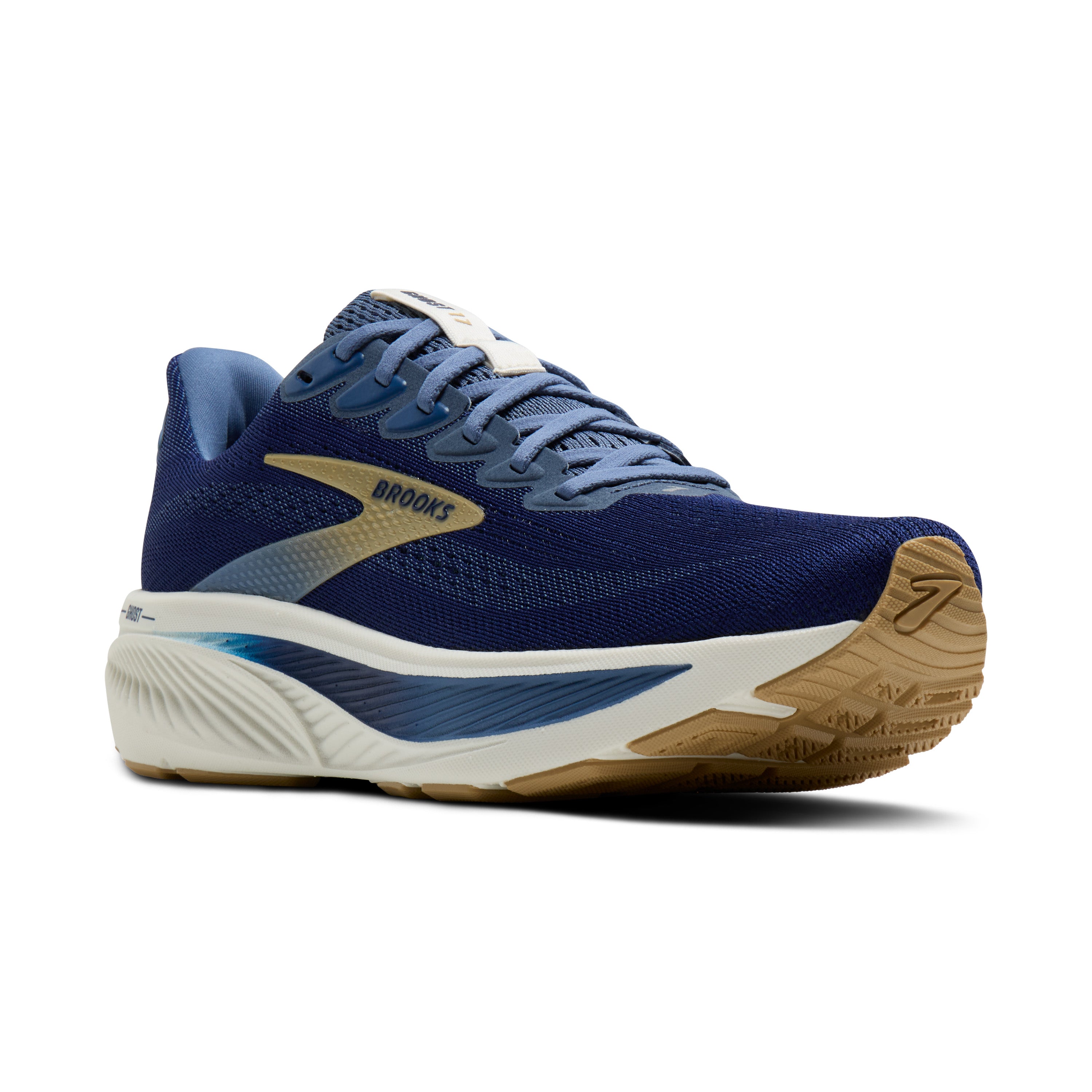 Blue running shoe with brown sole on a white background