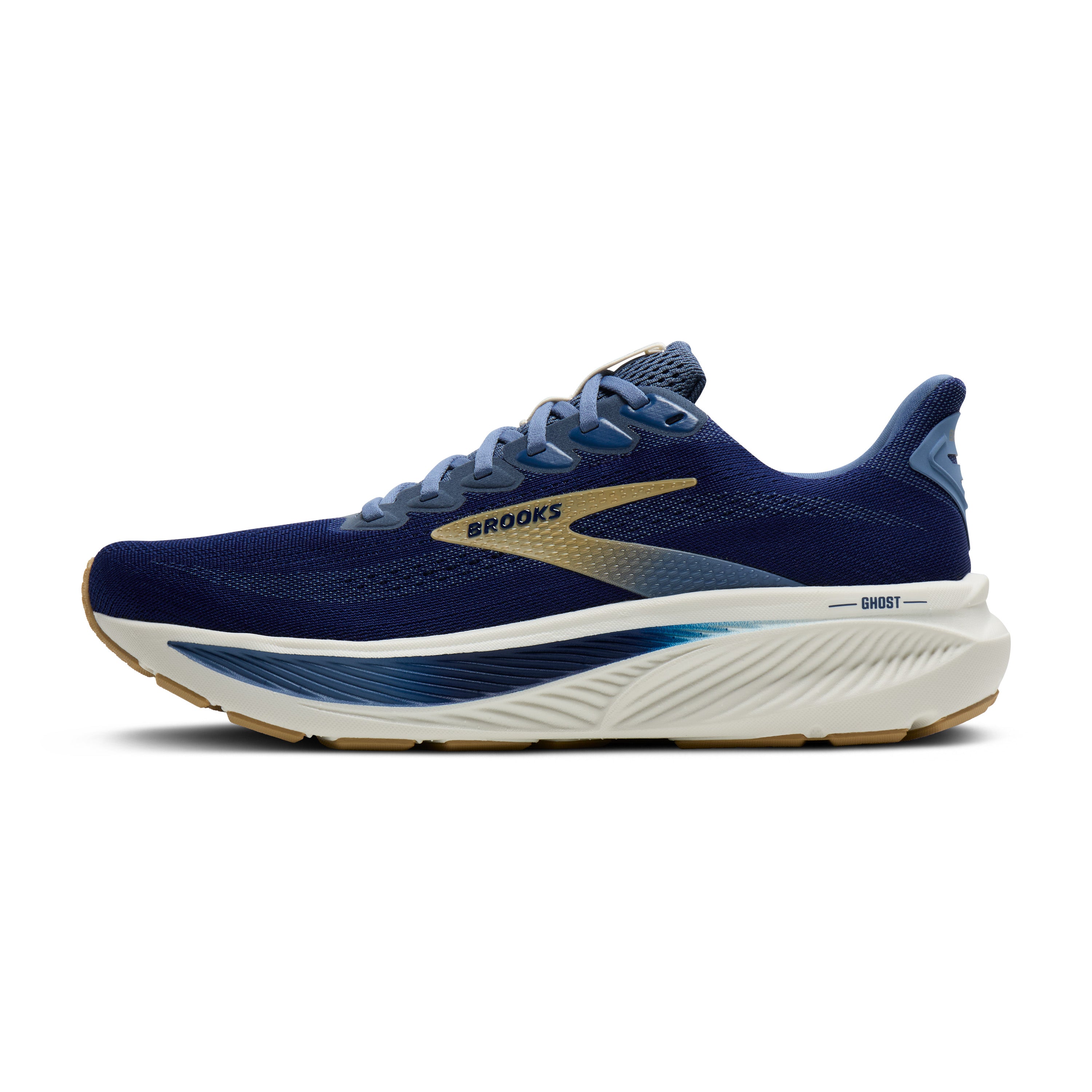 Blue running shoe with white sole on a white background