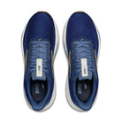 Pair of blue running shoes with white soles on a white background