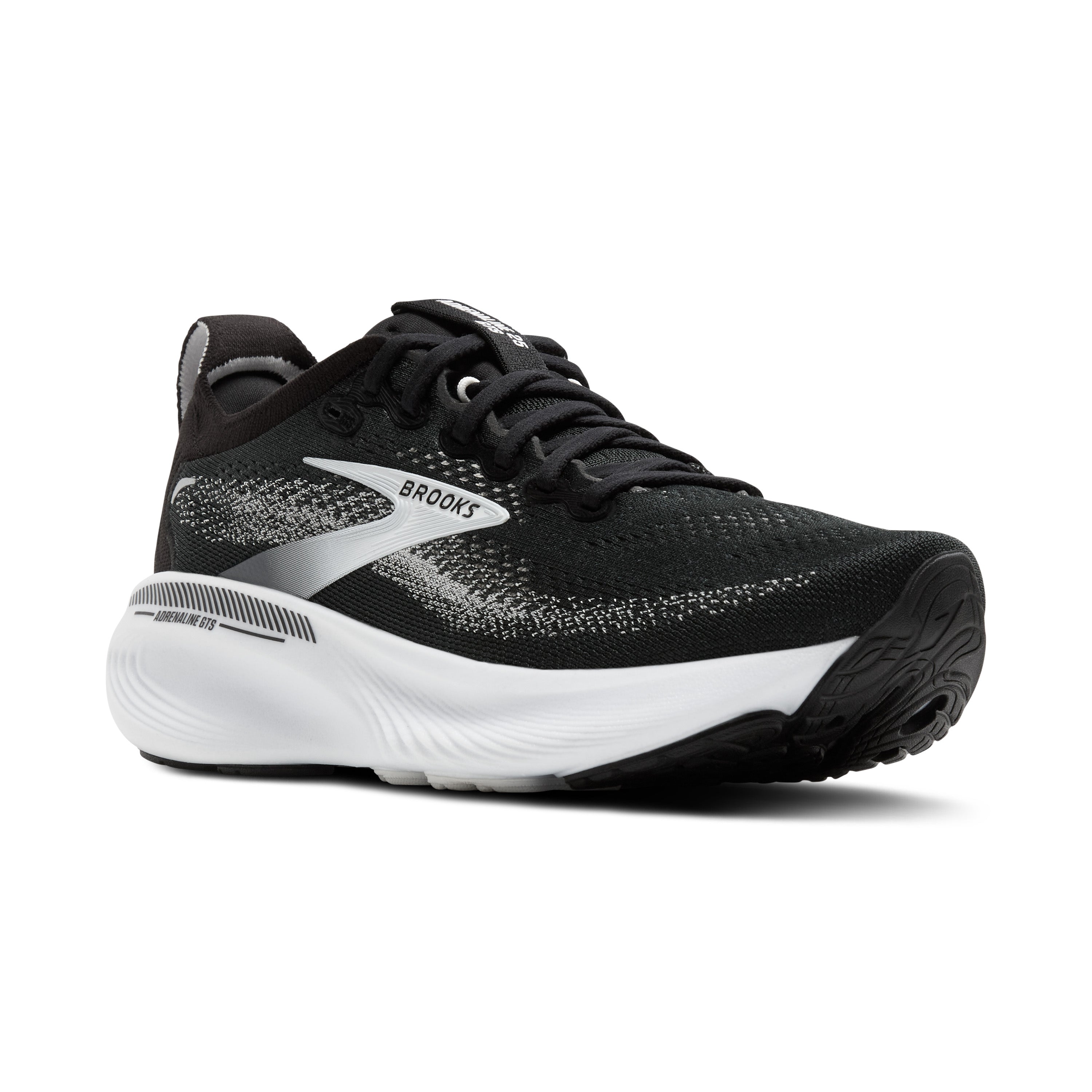 Black and white running shoe with 'Brooks' branding on a white background
