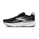 Black and white running shoe with 'Brooks' branding on a white background