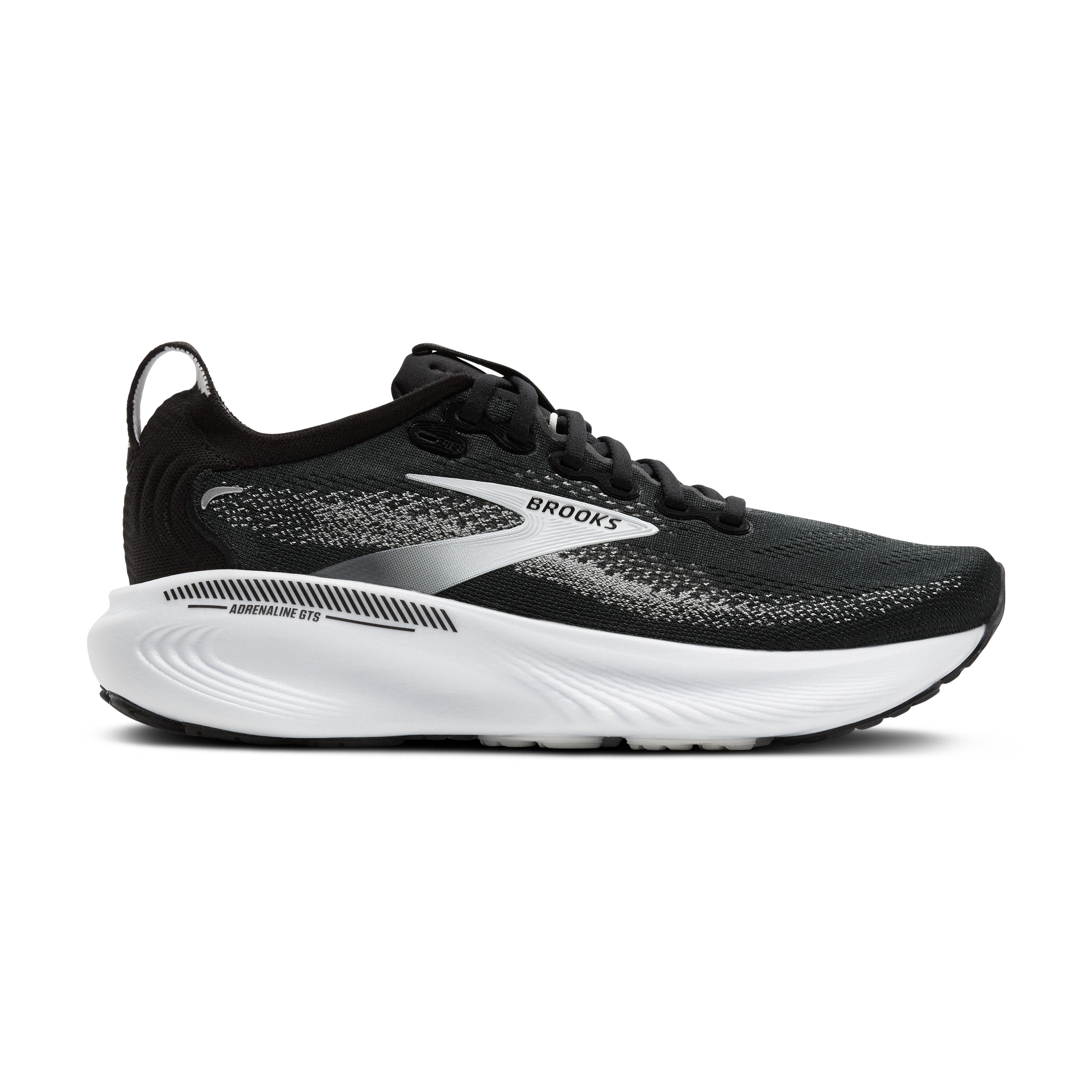 Black running shoe with white sole on a white background