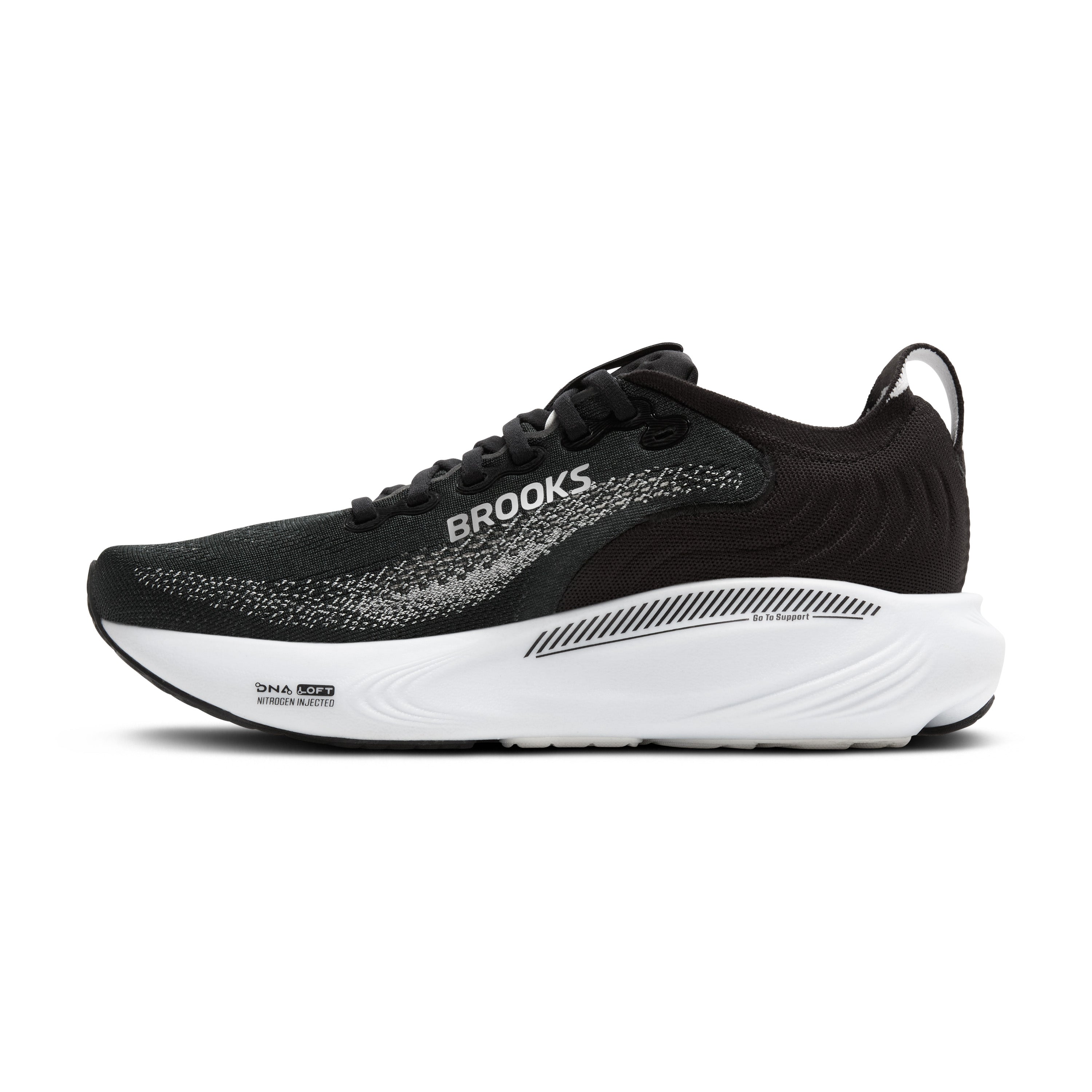 Black running shoe with white sole on a white background