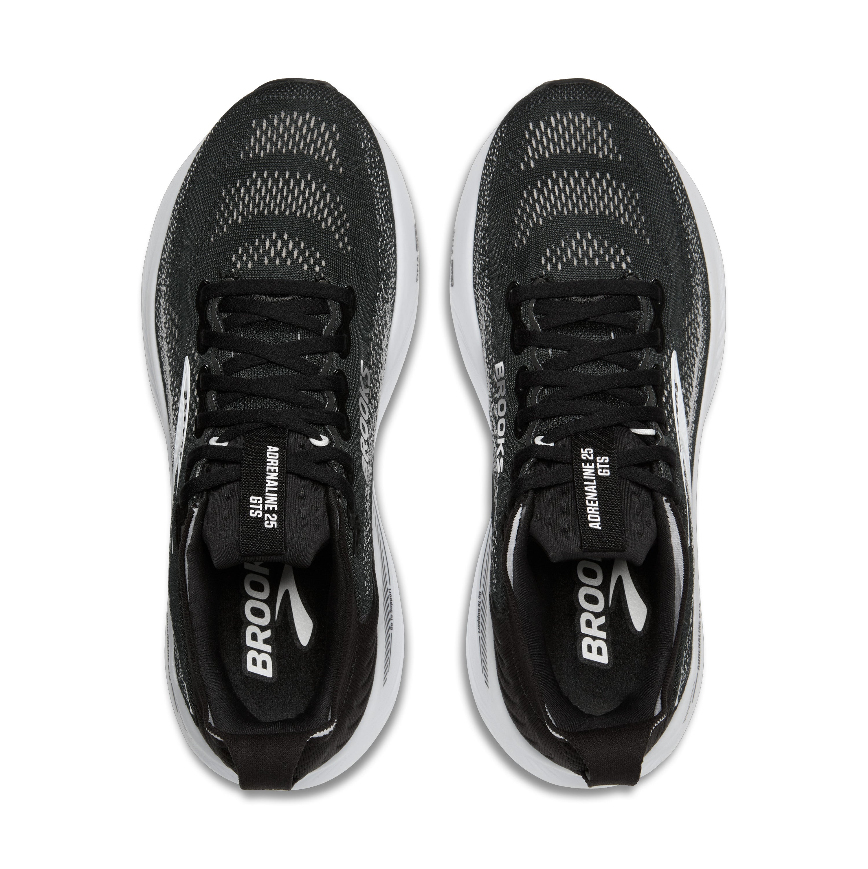 Black and white running shoes with 'Brooks' branding on a white background