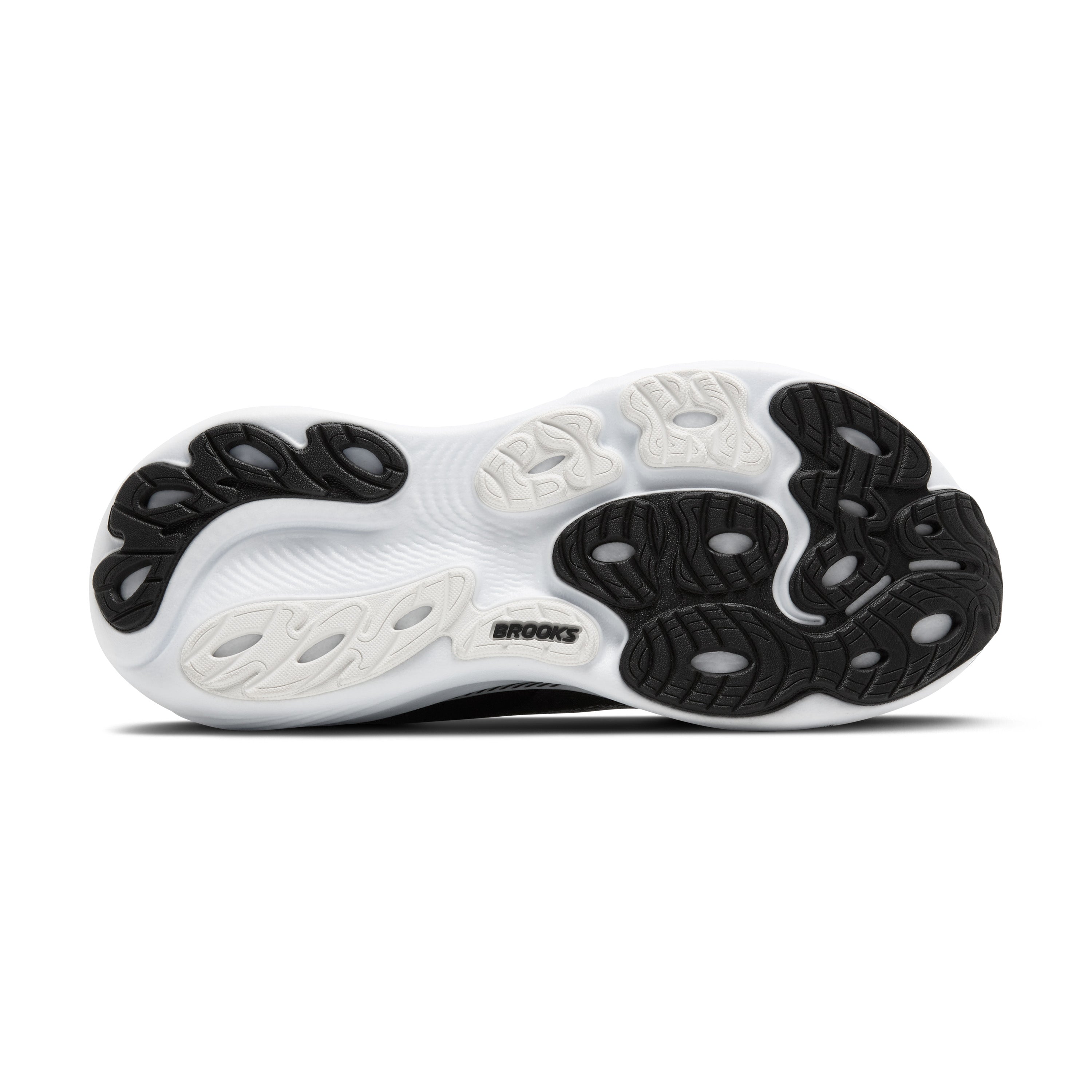 Black and white running shoe sole with 'Brooks' branding on a white background