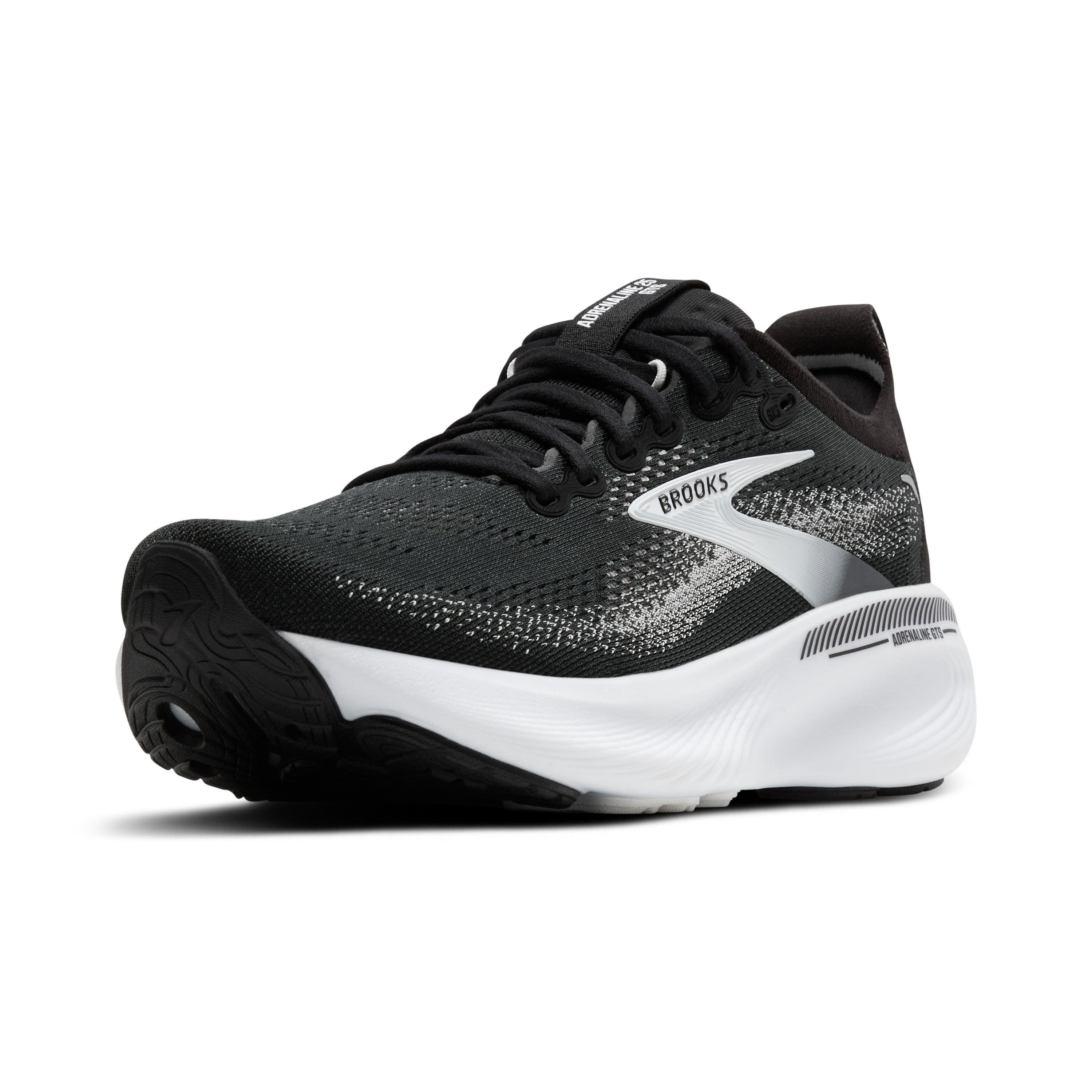 Black and gray running shoe with 'Brooks' branding on a white background