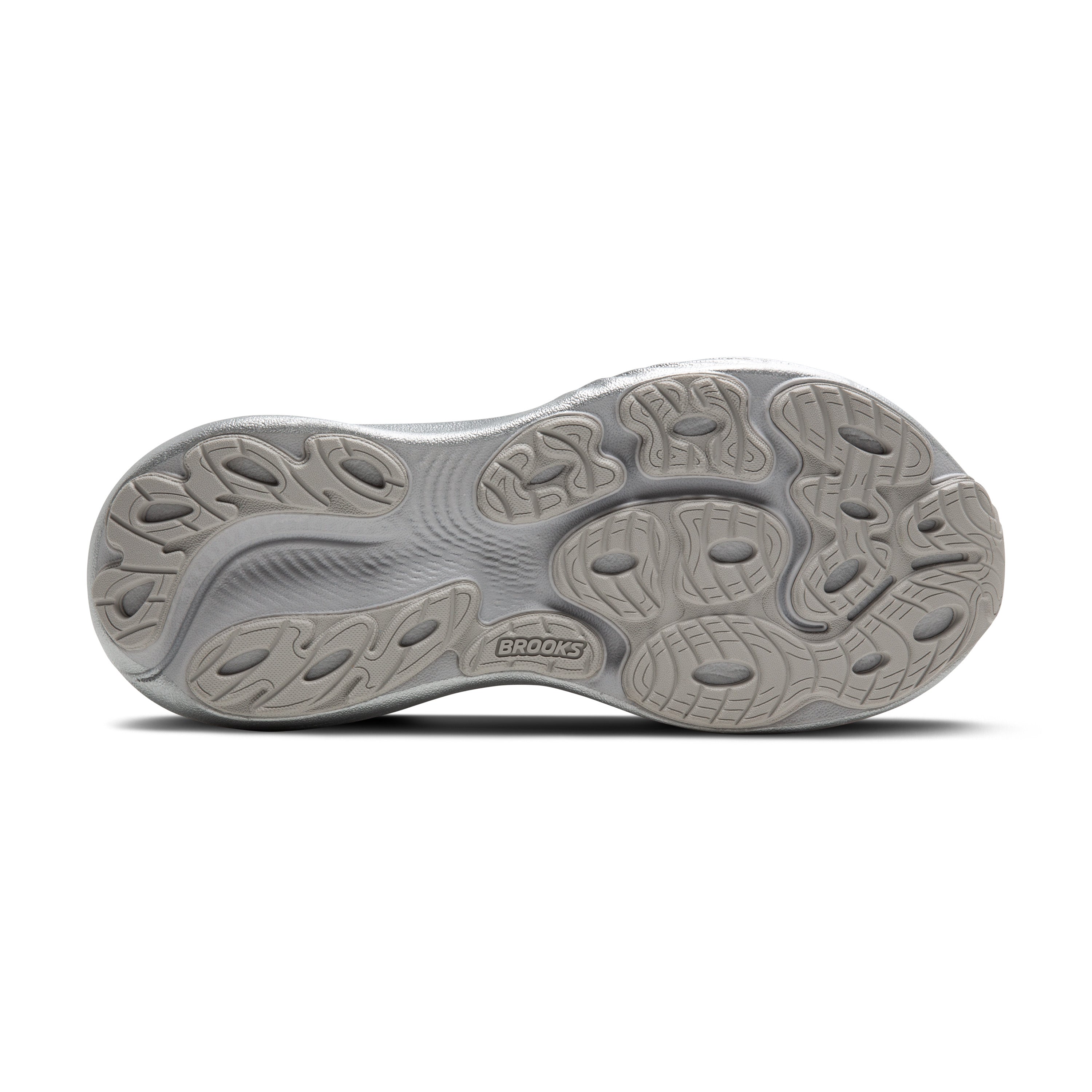 Gray running shoe sole with 'Brooks' branding on a white background