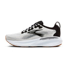 White and black running shoe with 'Brooks' branding on a white background