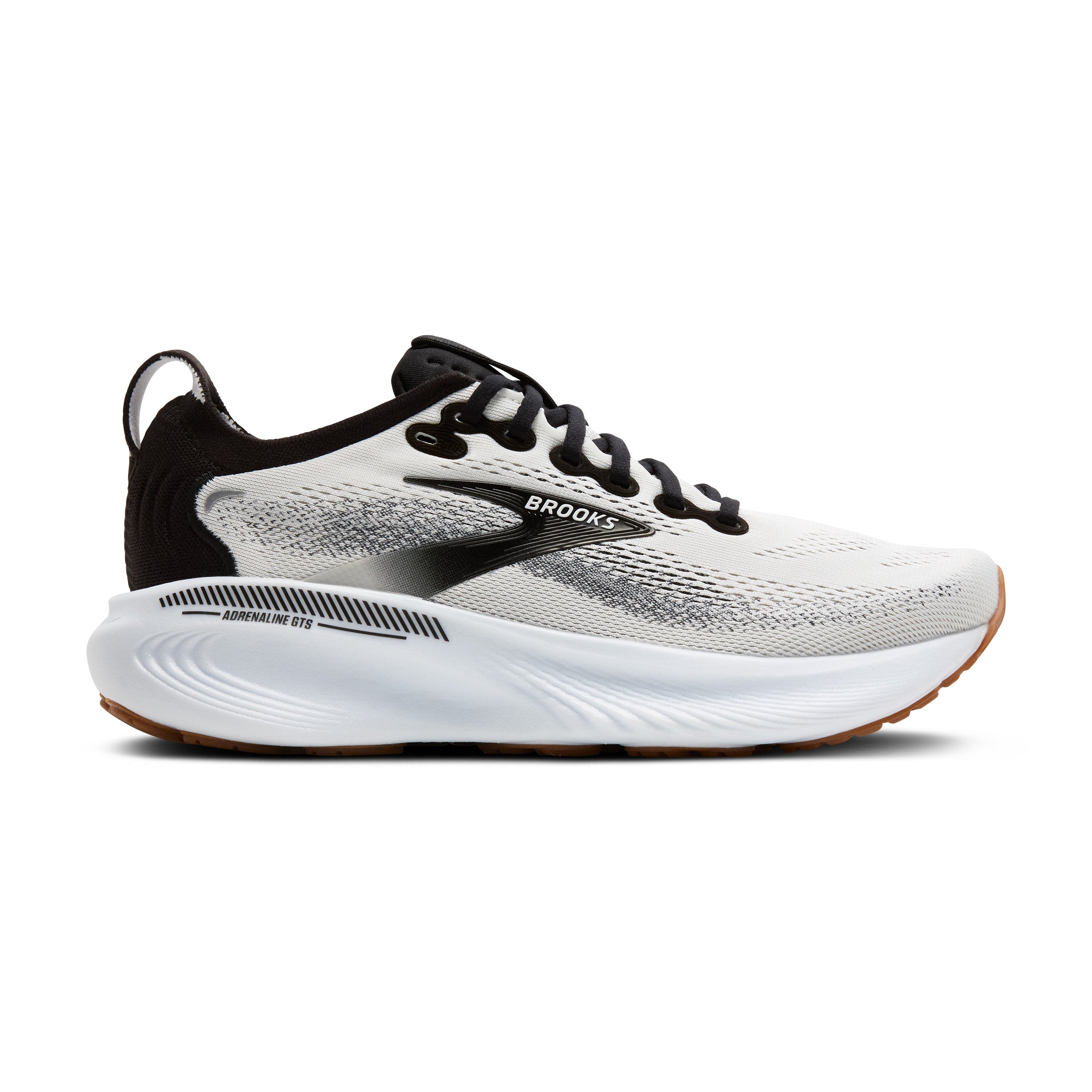 White and black running shoe with 'Brooks' branding on a white background
