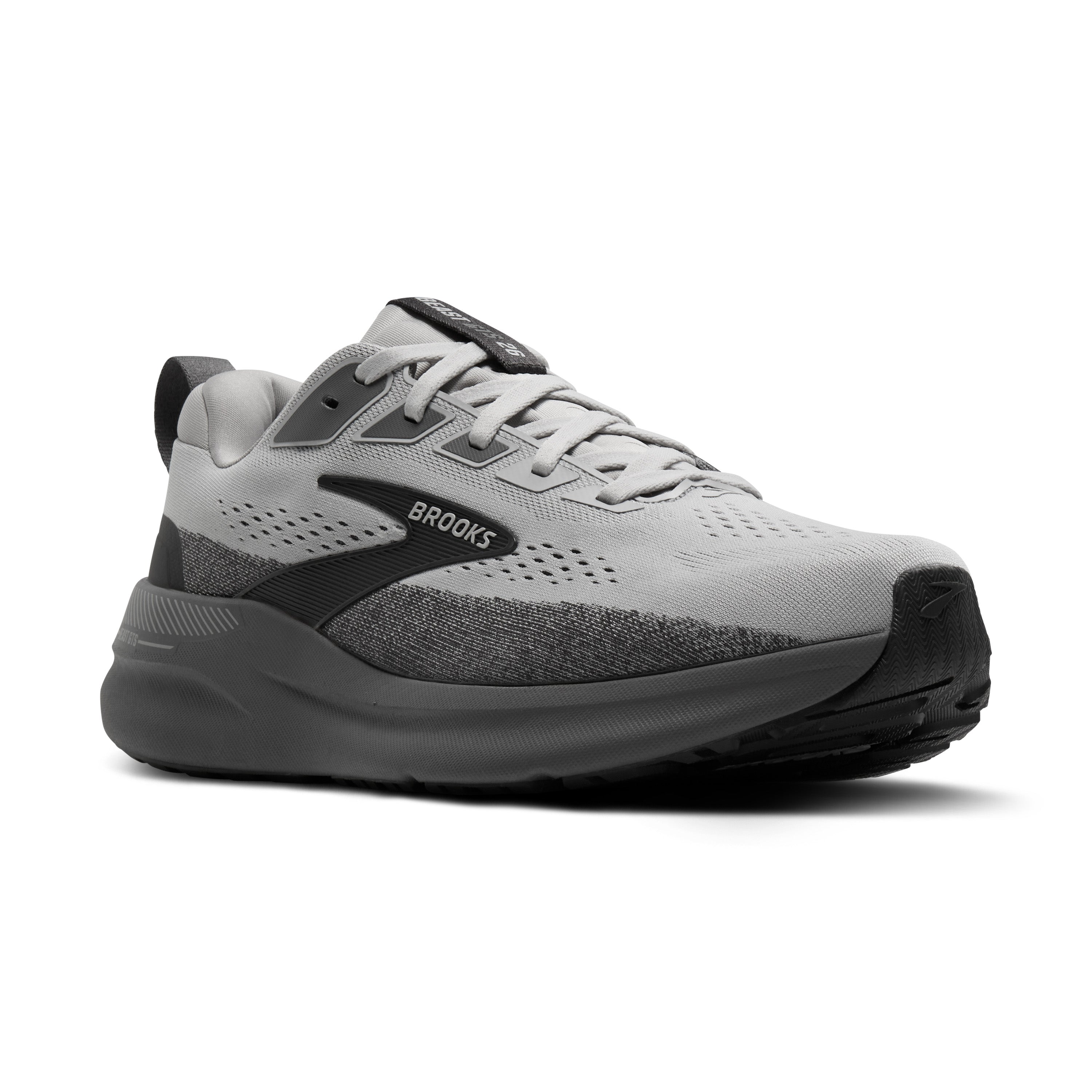 Gray running shoe with black accents on a white background