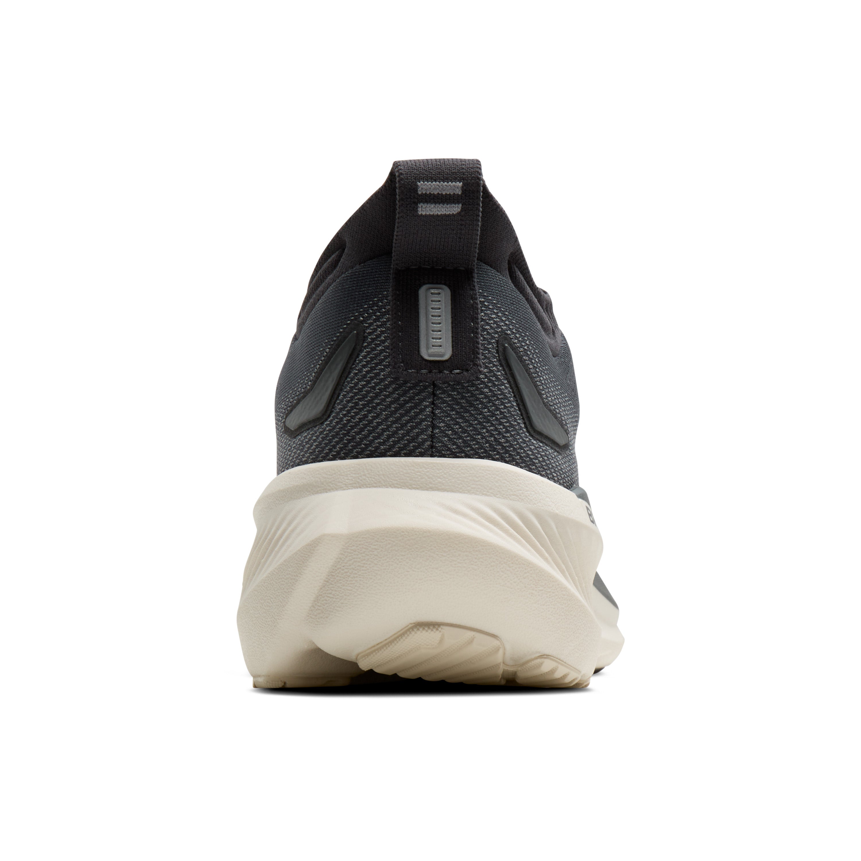 Back view of a black running shoe with a white sole on a white background