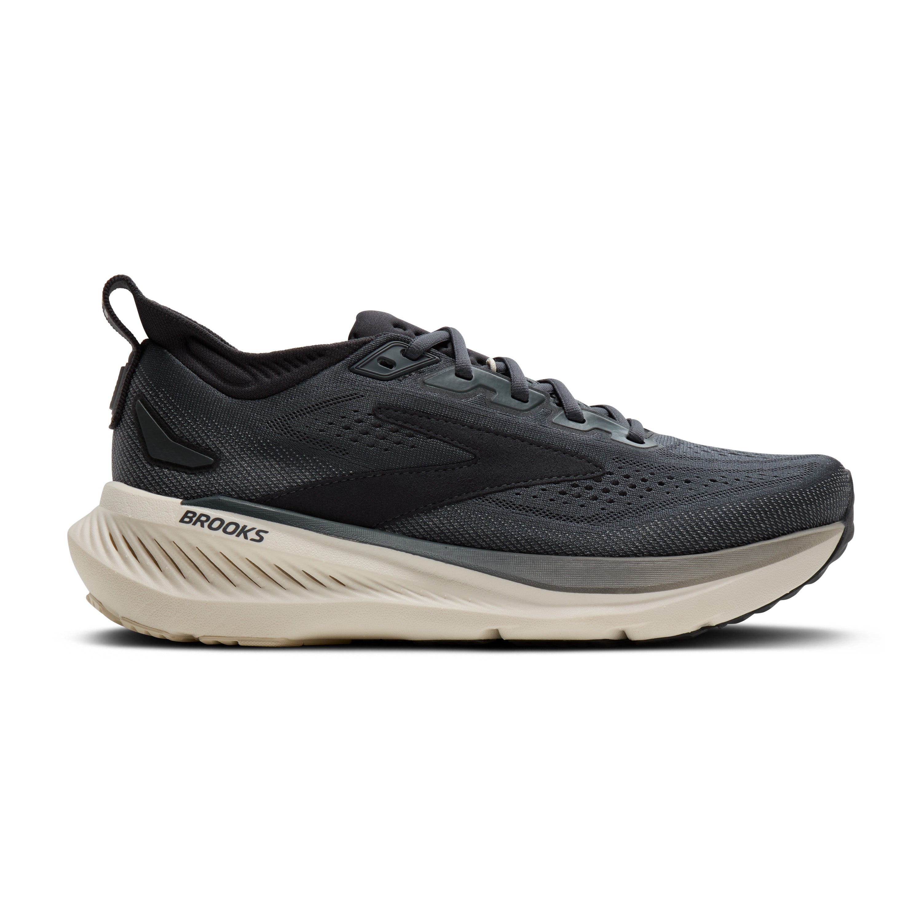 Gray running shoe with white sole on a white background