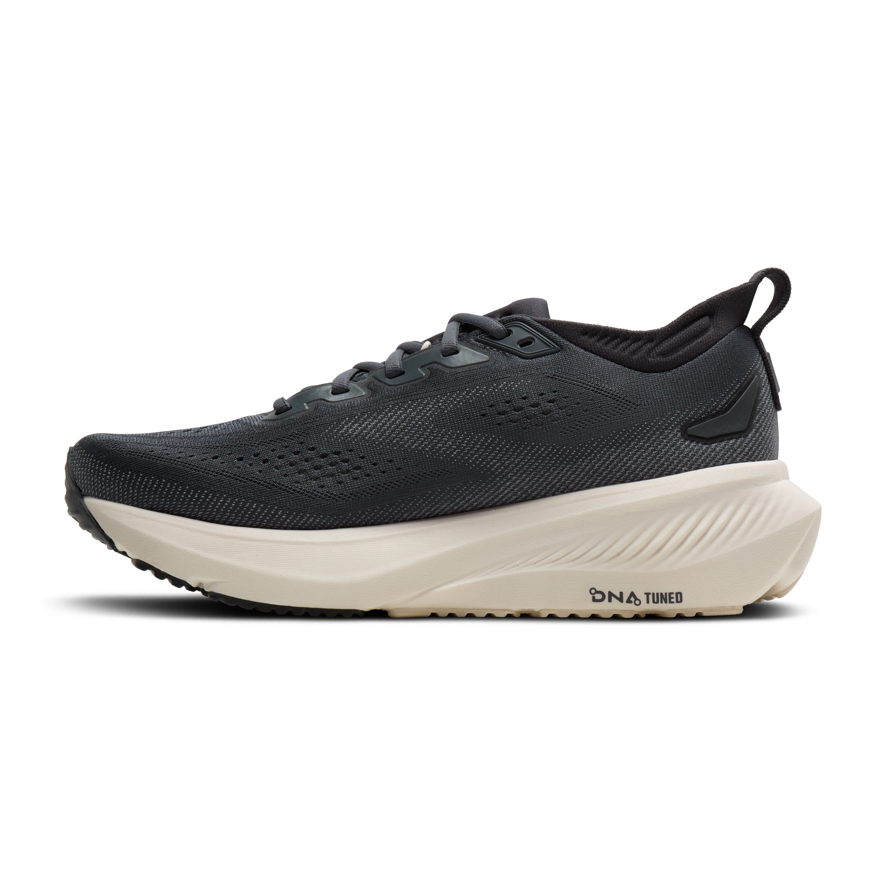 Black running shoe with white sole on a white background