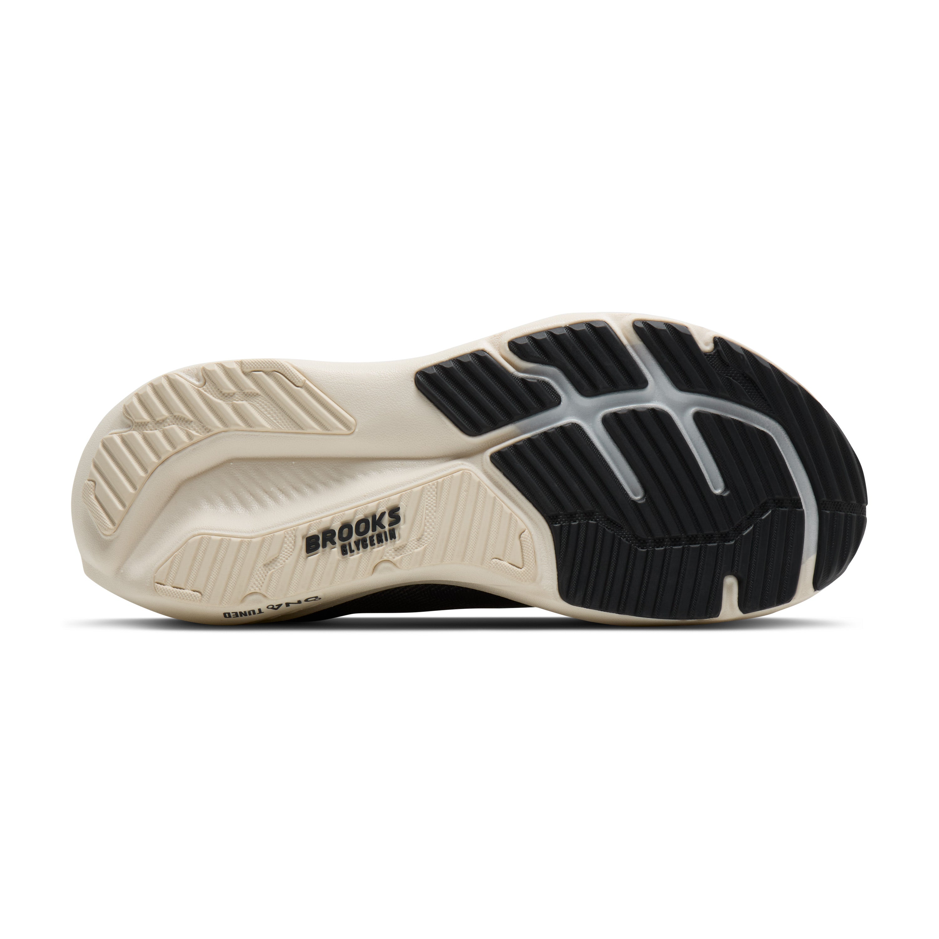 Sole of a running shoe with 'Brooks' branding on a white background
