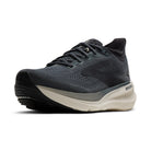 Black running shoe with white sole on a white background