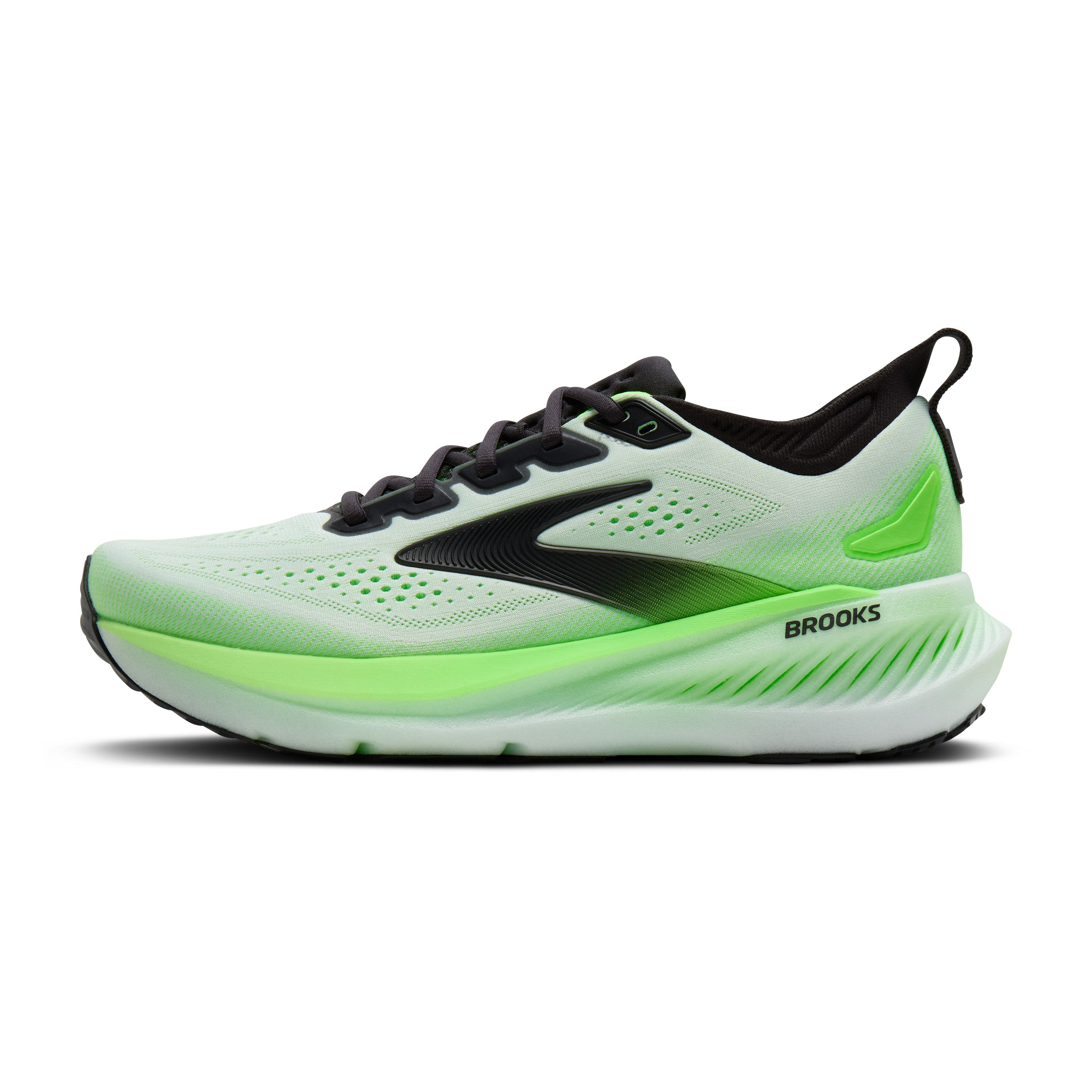 White and green running shoe with black accents on a white background